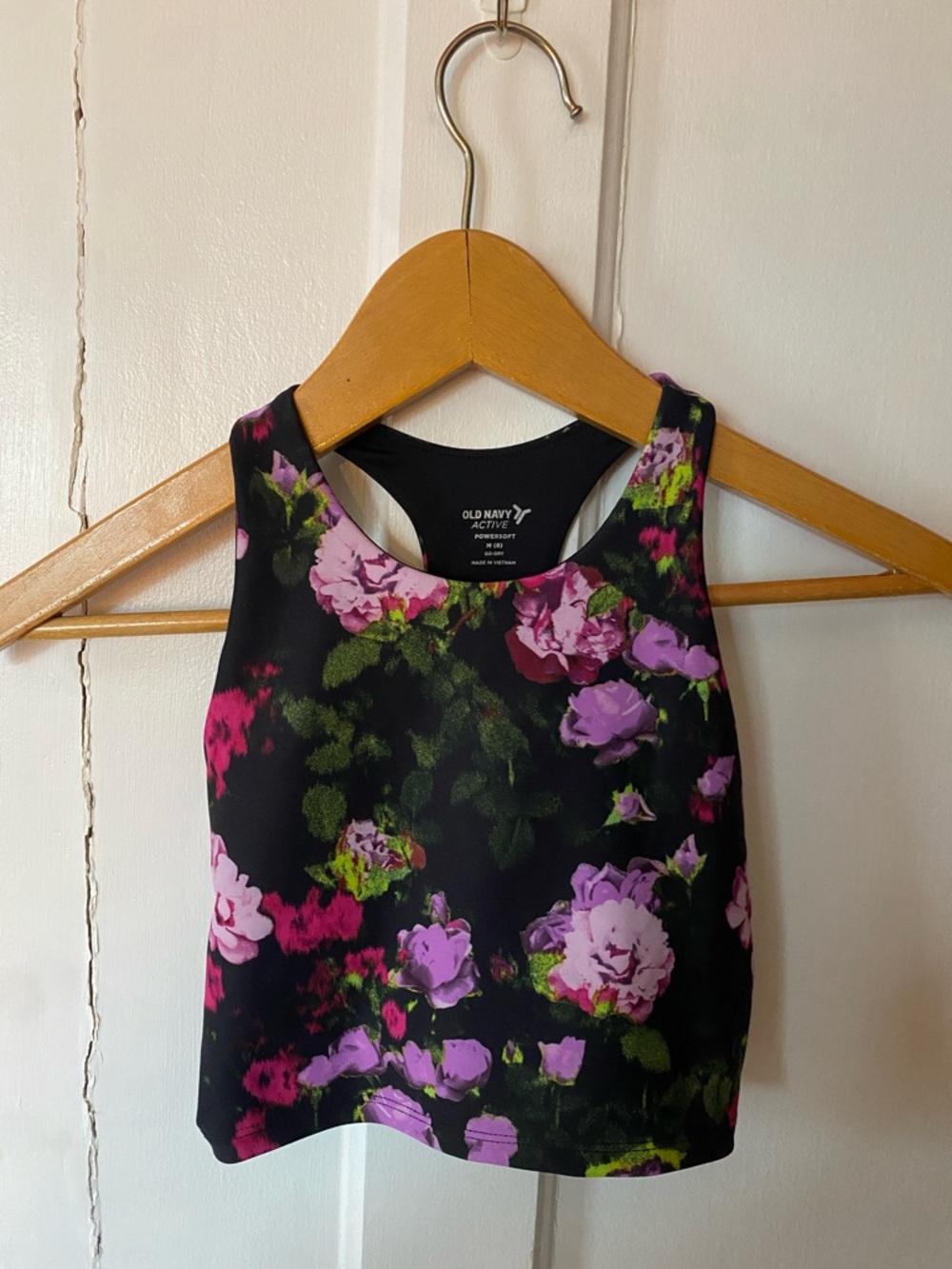 Old Navy Black Active Tank Top with Pink & Green Floral Trim
